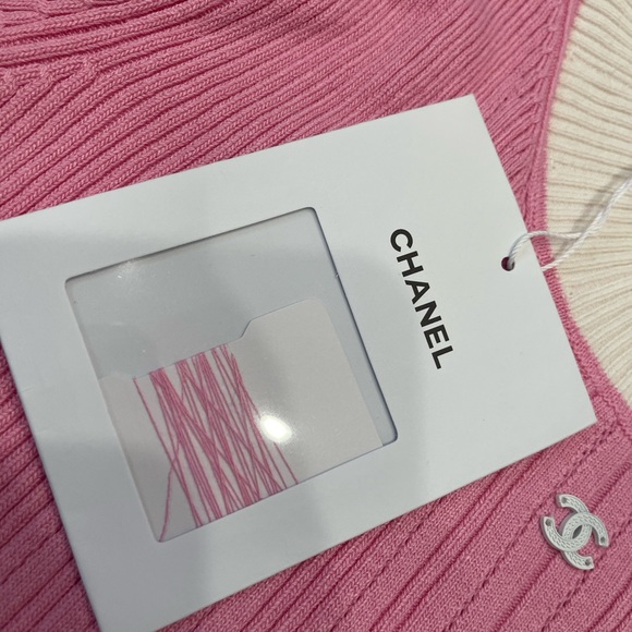 Chanel 23P Pink White CC Logo Ribbed Stretch Cotton Knit T-Shirt Top Shirt 36 - Picture 6 of 15